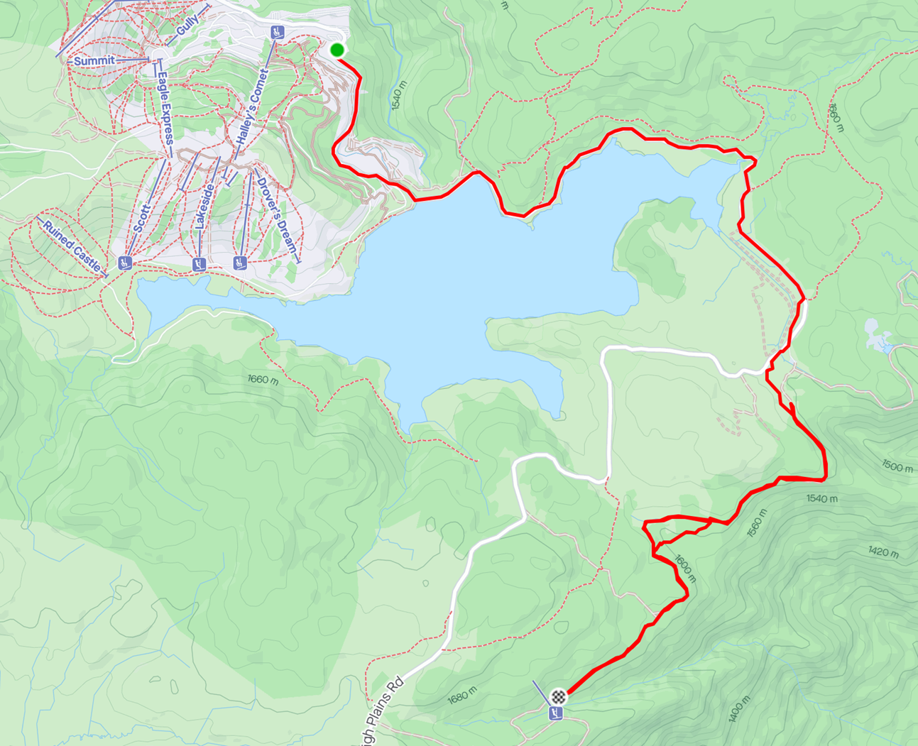 screenshot of a Strava map showing a journey from Falls Creek to the Chalet